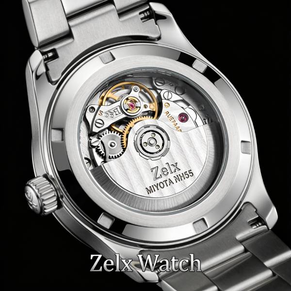 Brushed stainless steel watch case with Miyota NH35 movement and exhibition caseback, Zelx private label customization