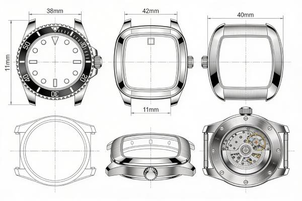 Custom watch case blueprint variations showing diameter, thickness, bezel, lugs, crown integration, and material specifications