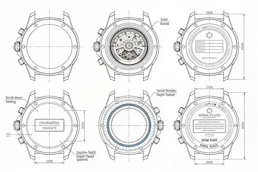 Watch caseback blueprint variations showing solid engraved, exhibition sapphire window, serial marking, screw-down sealing, and custom text layouts