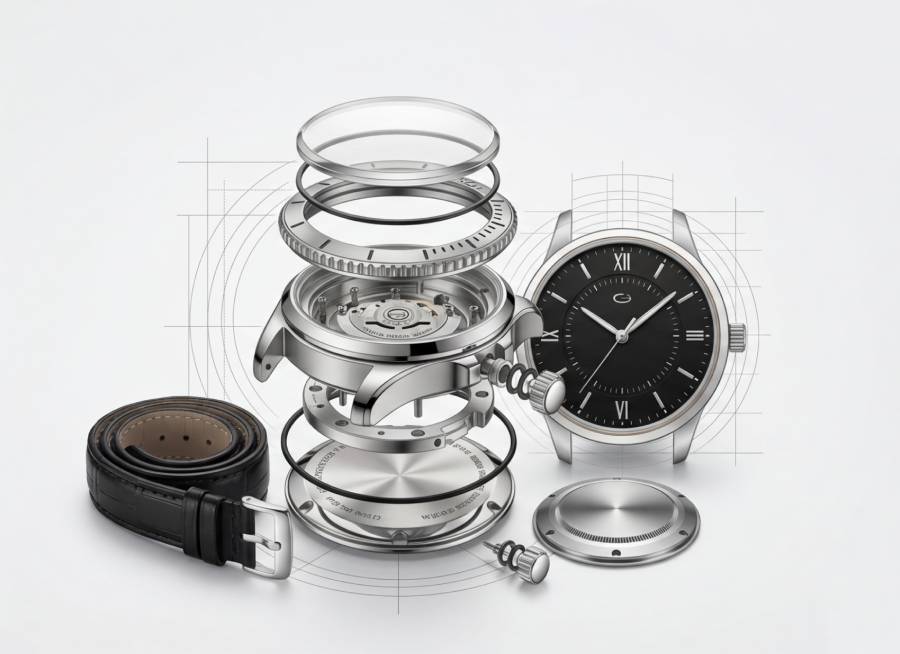 Custom watch components consultation banner with dial, case, movement, and strap arranged on a clean background.