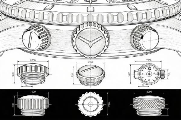 Watch crown blueprint variations showing coin-edge, fluted, onion, screw-down crowns with engraving areas and chronograph pusher designs