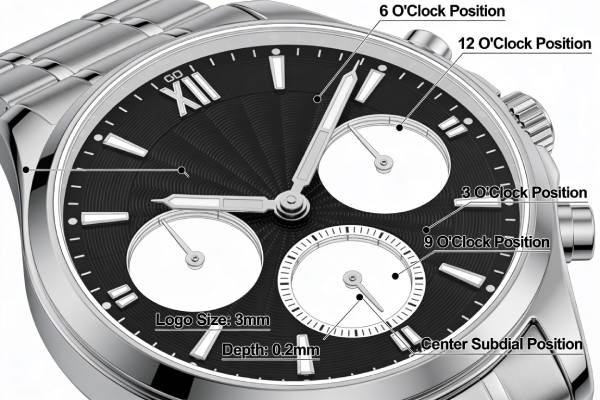 Technical diagram showing logo placement options on a custom watch dial, including top, bottom, side, and center positions.