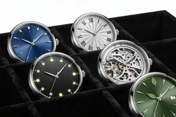 Custom luxury watch dial variations including sunray, guilloche, skeleton, and textured finishes