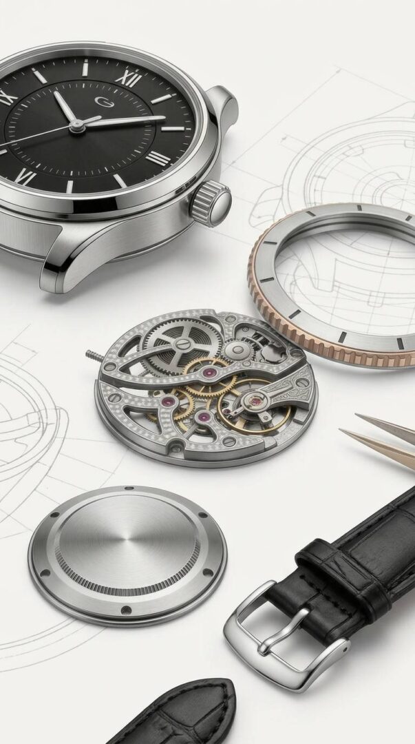 Vertical image of custom watch components and movement details for the FAQ section of an OEM watch customization page.