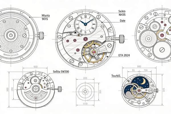 Mechanical watch movement blueprint variations showing Miyota, Seiko NH35, ETA 2824, Sellita, skeleton and tourbillon options with technical details