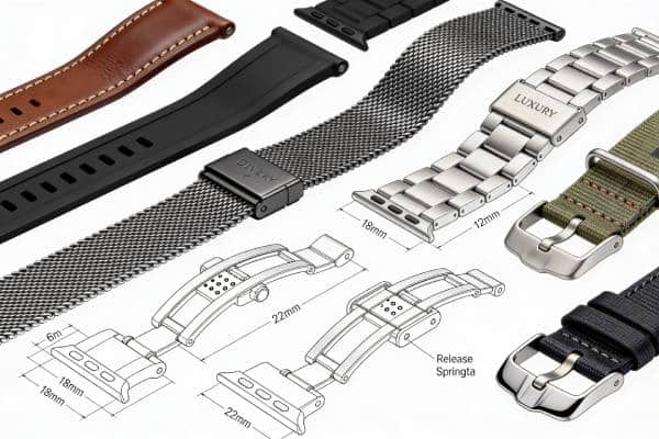 Watch strap and bracelet blueprint variations showing leather, rubber, mesh, NATO, oyster bracelet with buckle types and quick-release systems