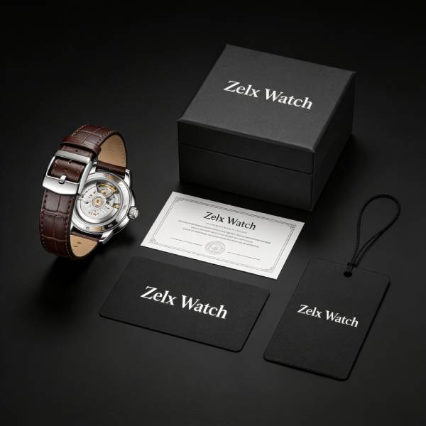 Custom leather strap, branded box and certificate for private label mechanical watch, Zelx Watch OEM