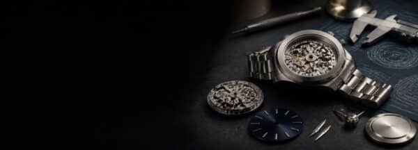Mechanical watch OEM process showing precision components, technical planning, and automatic watch assembly