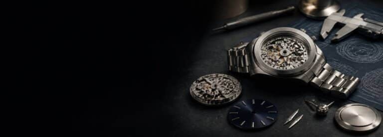 Mechanical watch OEM process showing precision components, technical planning, and automatic watch assembly