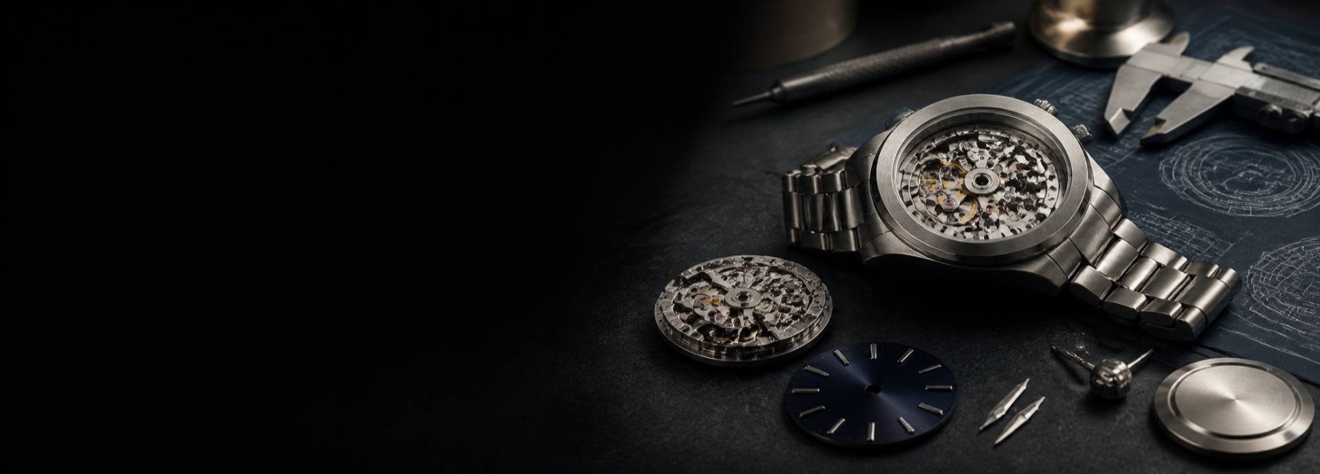 Mechanical watch OEM process showing precision components, technical planning, and automatic watch assembly